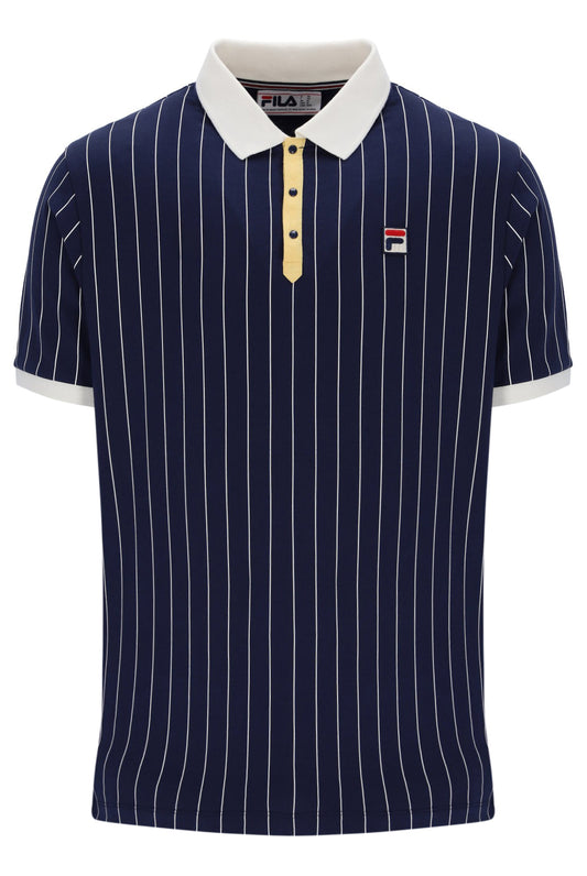 Navy pinstripe polo shirt with white collar and FILA logo on a white background