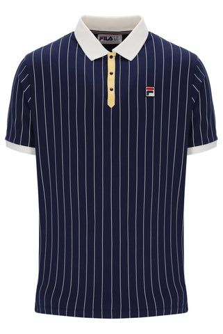 Navy pinstripe polo shirt with white collar and FILA logo on a white background