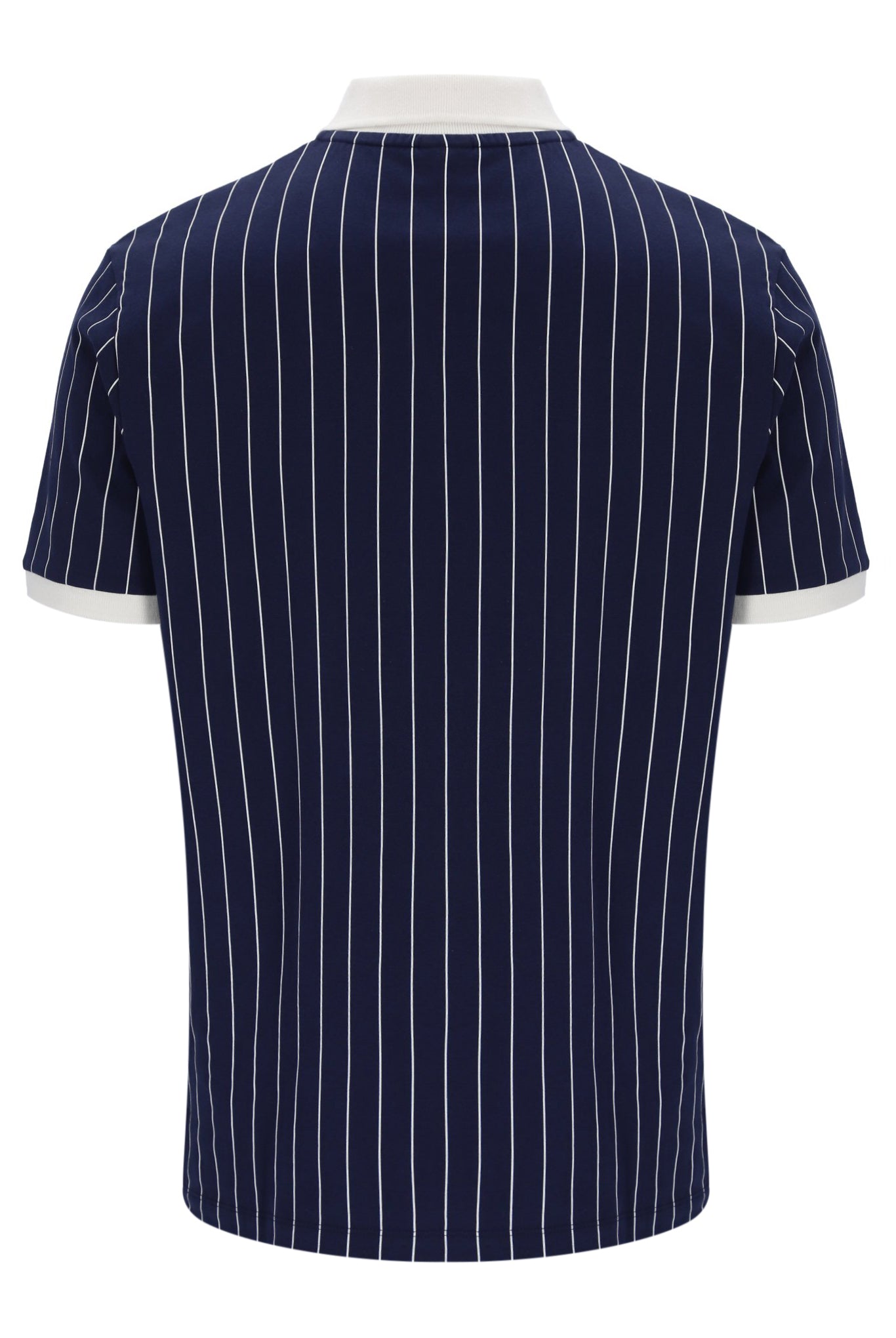 Navy pinstripe shirt with white trim on a white background