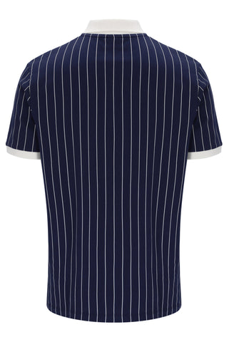 Navy pinstripe shirt with white trim on a white background