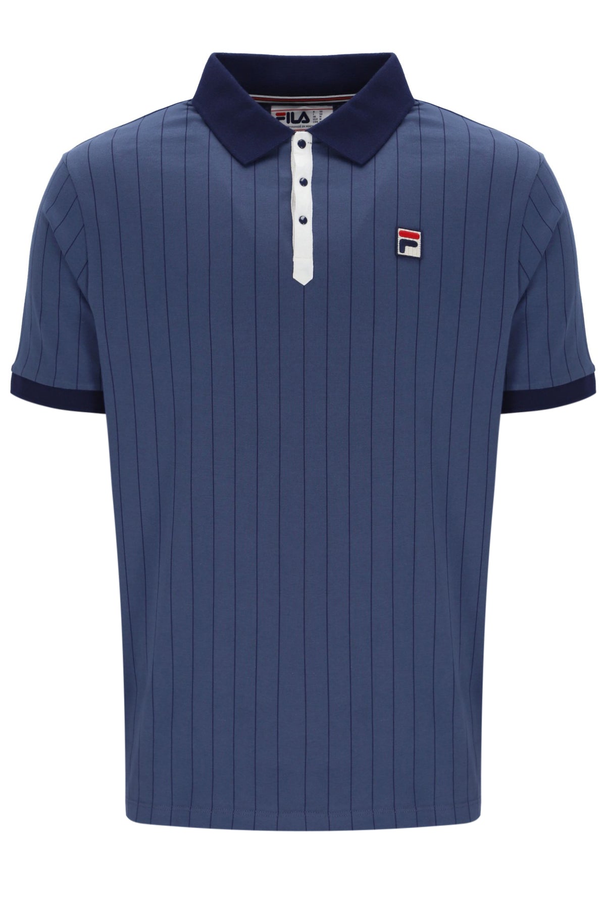 Blue ribbed polo shirt with a brand logo on a white background