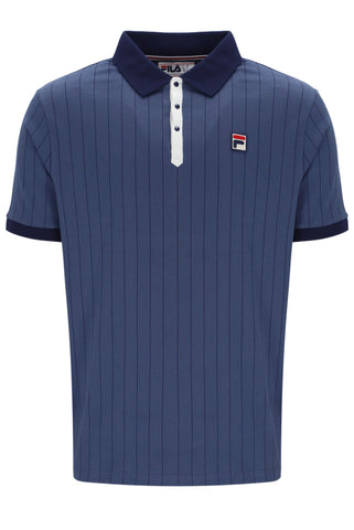Blue ribbed polo shirt with a brand logo on a white background