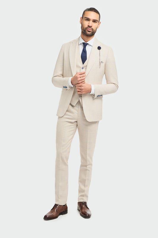 House Of Cavani Caridi Beige Check Three Piece Suit