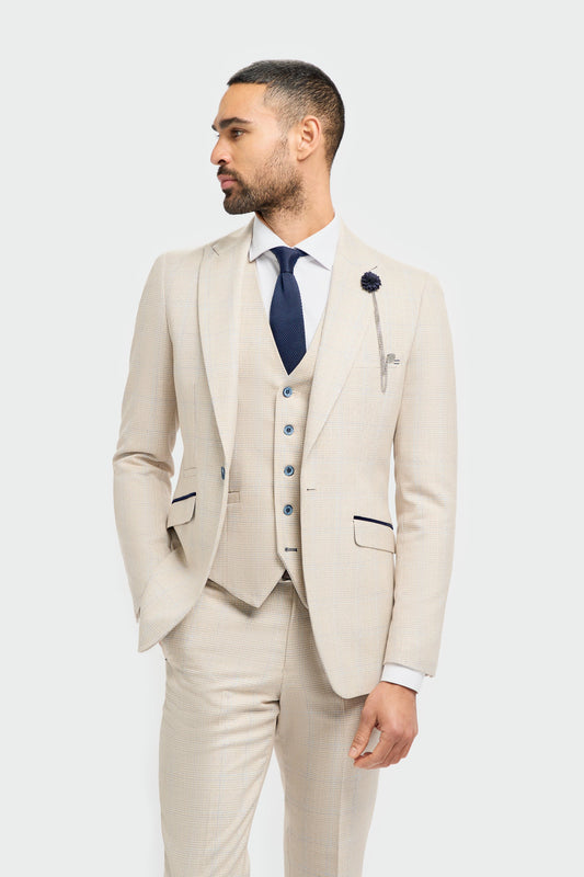 House Of Cavani Caridi Beige Check Three Piece Suit