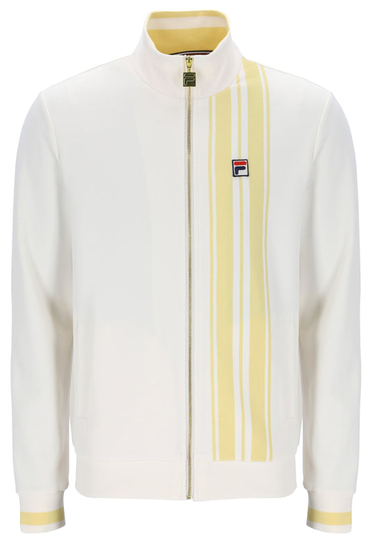 White jacket with yellow accents and a visible brand logo on a white background