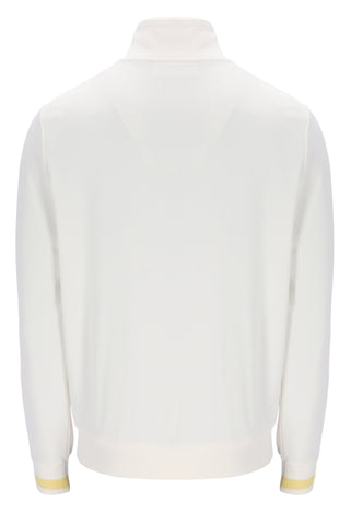 White sweater with yellow accents on a white background