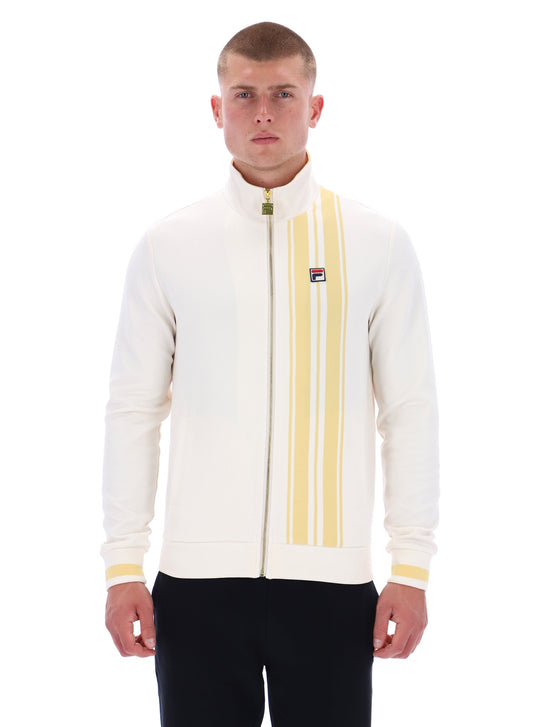 Man wearing a white jacket with yellow stripes on a white background