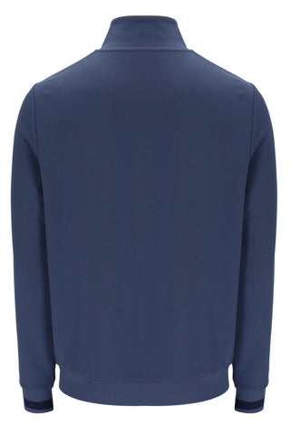 Blue quarter-zip sweatshirt on a white background