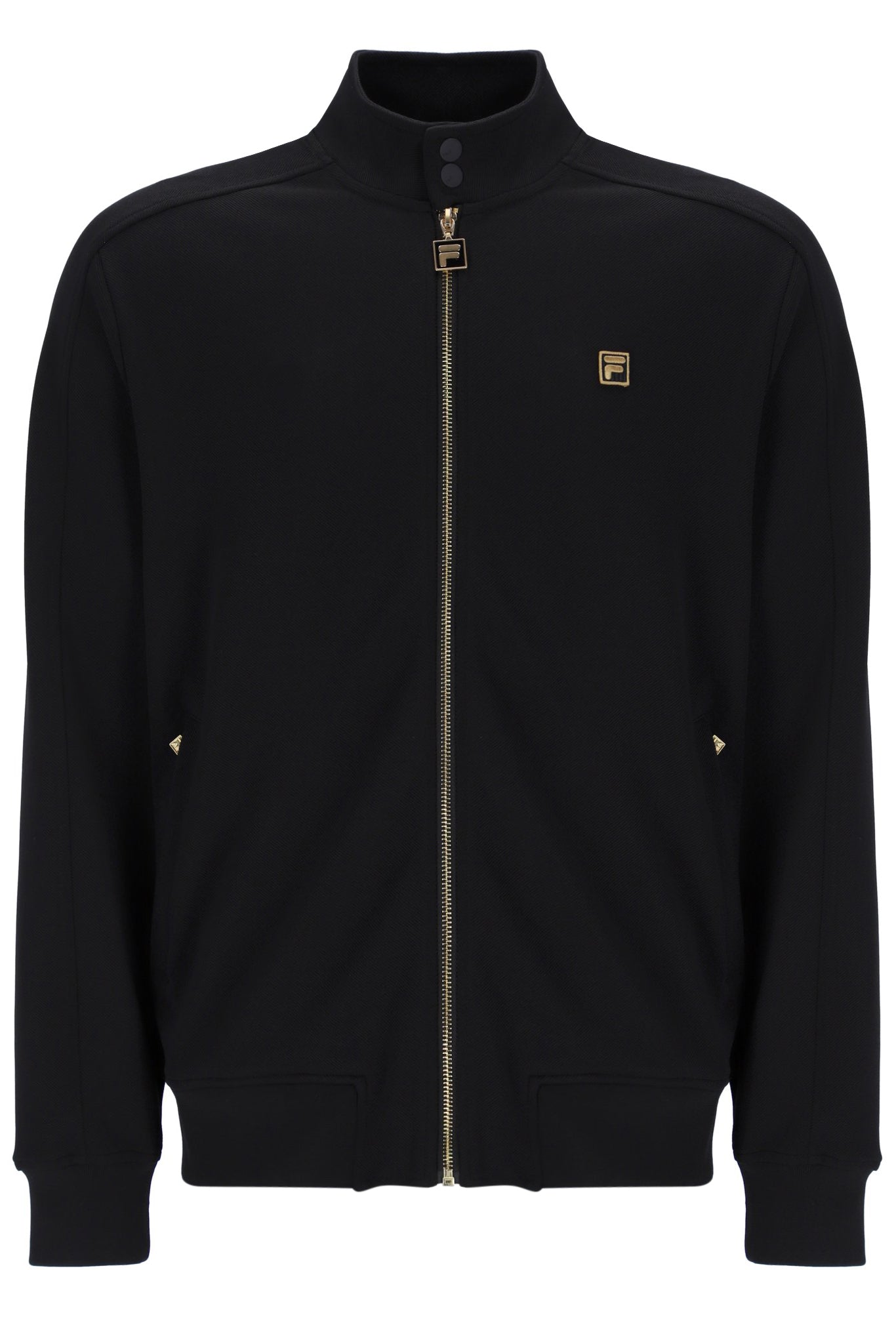 Black jacket with a brand logo on a white background