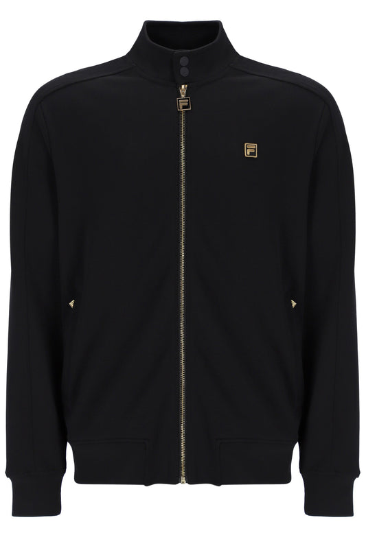 Black jacket with a brand logo on a white background