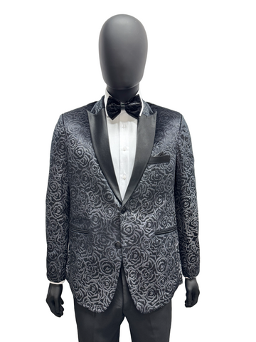 Studio23 Velvet Flower Print Black Two Piece Suit With Bow Tie