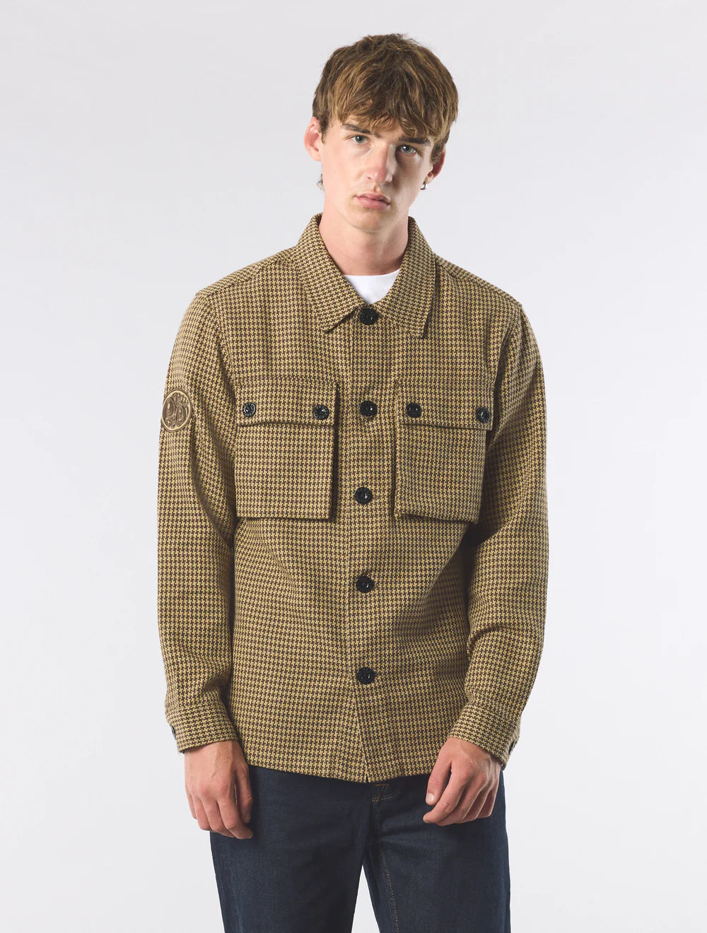 Pretty Green Kilburn Overshirt in Taupe – model wearing