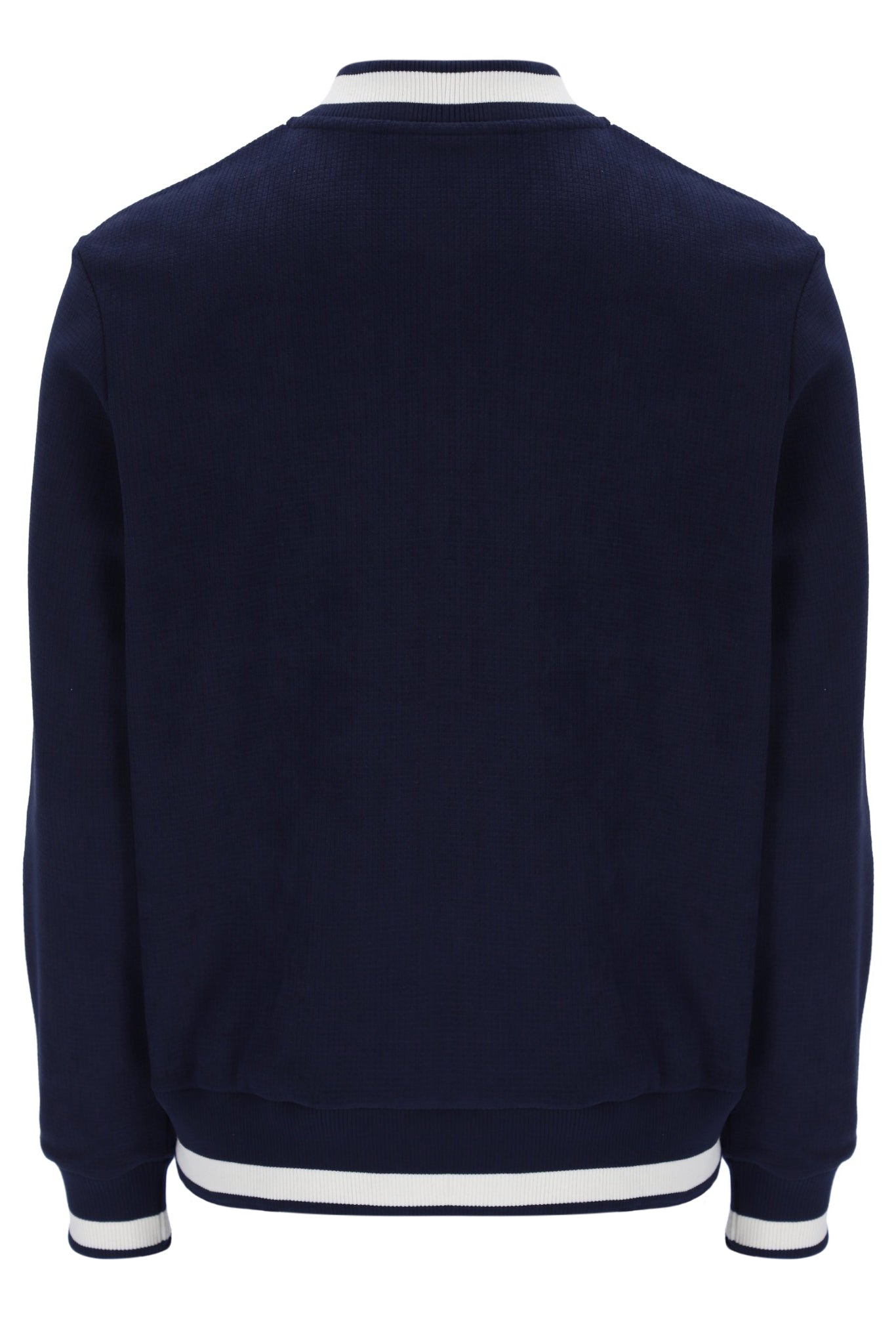 Navy blue sweatshirt with white trim on a white background