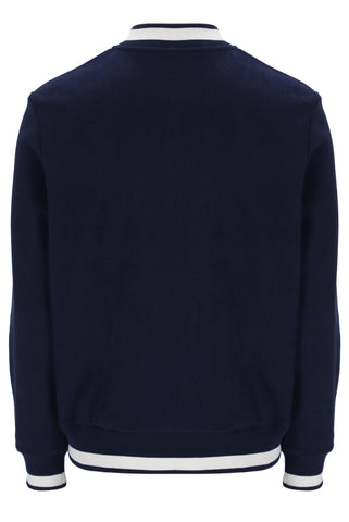 Navy blue sweatshirt with white trim on a white background