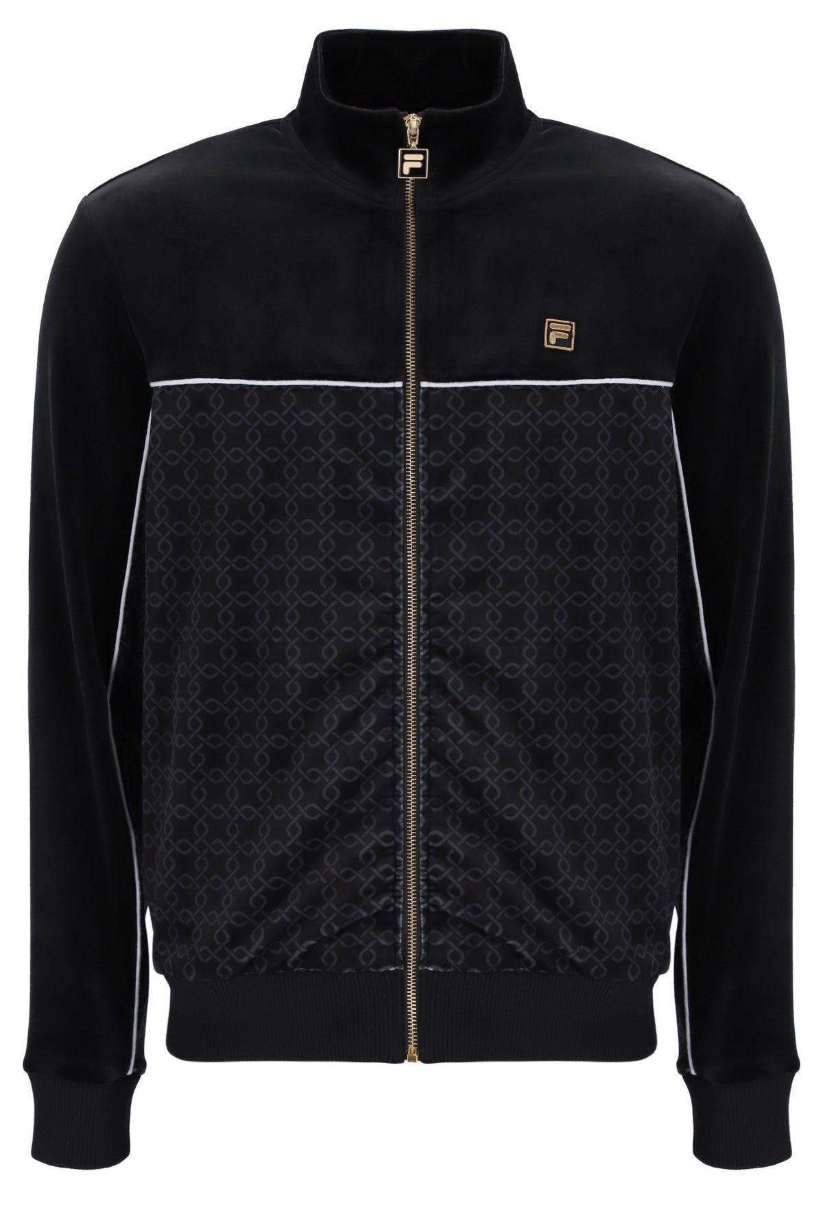 Black jacket with patterned front and visible brand logo on a white background
