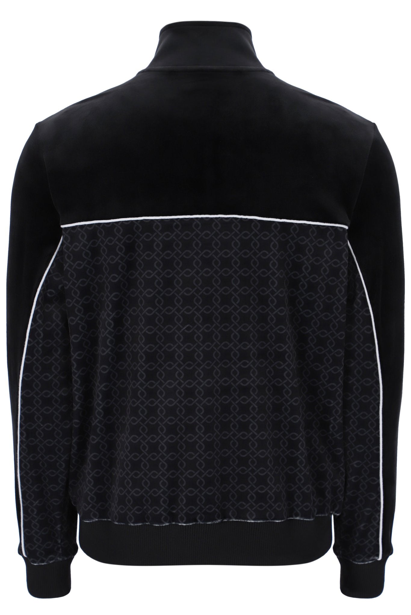 Black jacket with patterned front panel on a white background