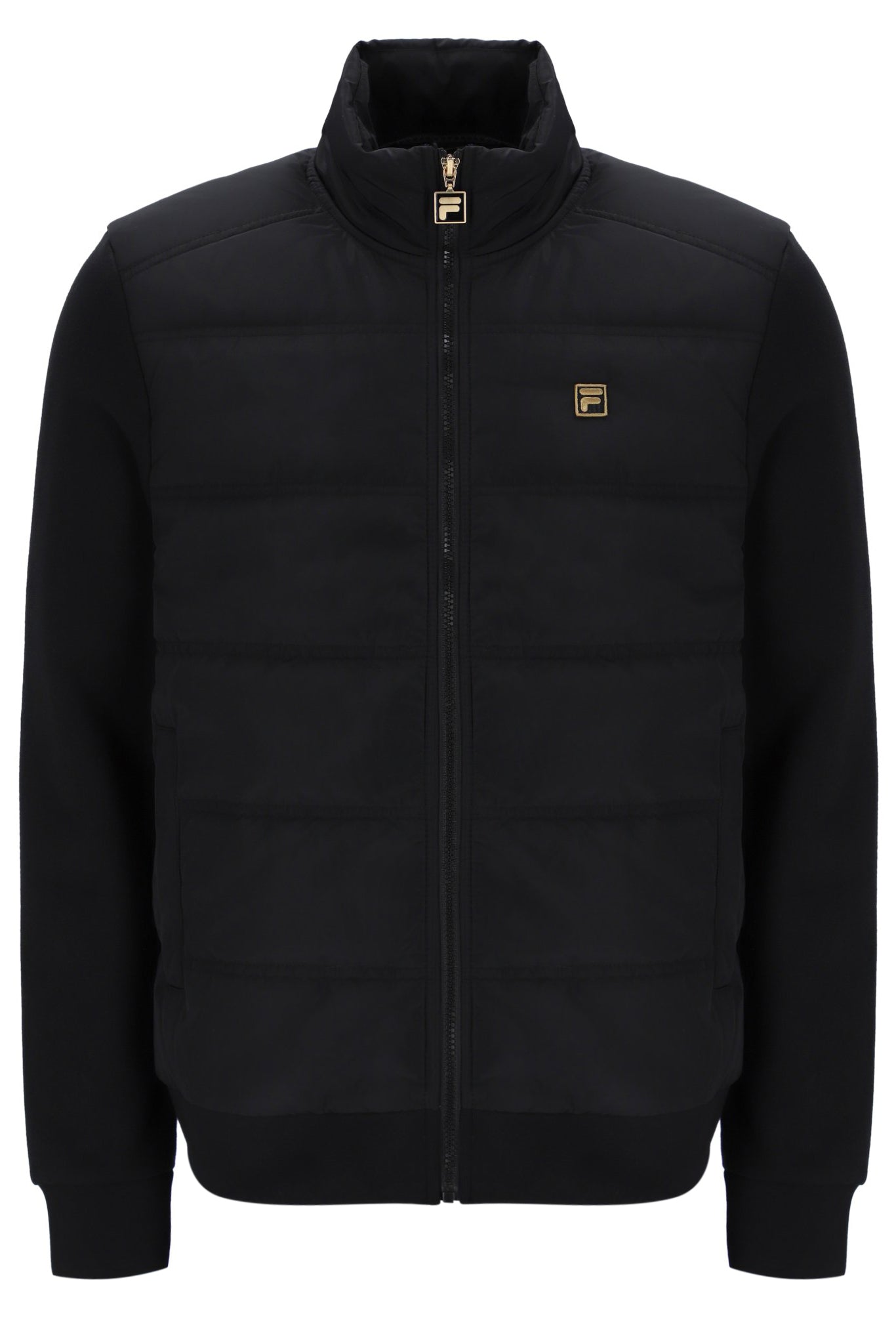 Black puffer jacket with a brand logo on a white background