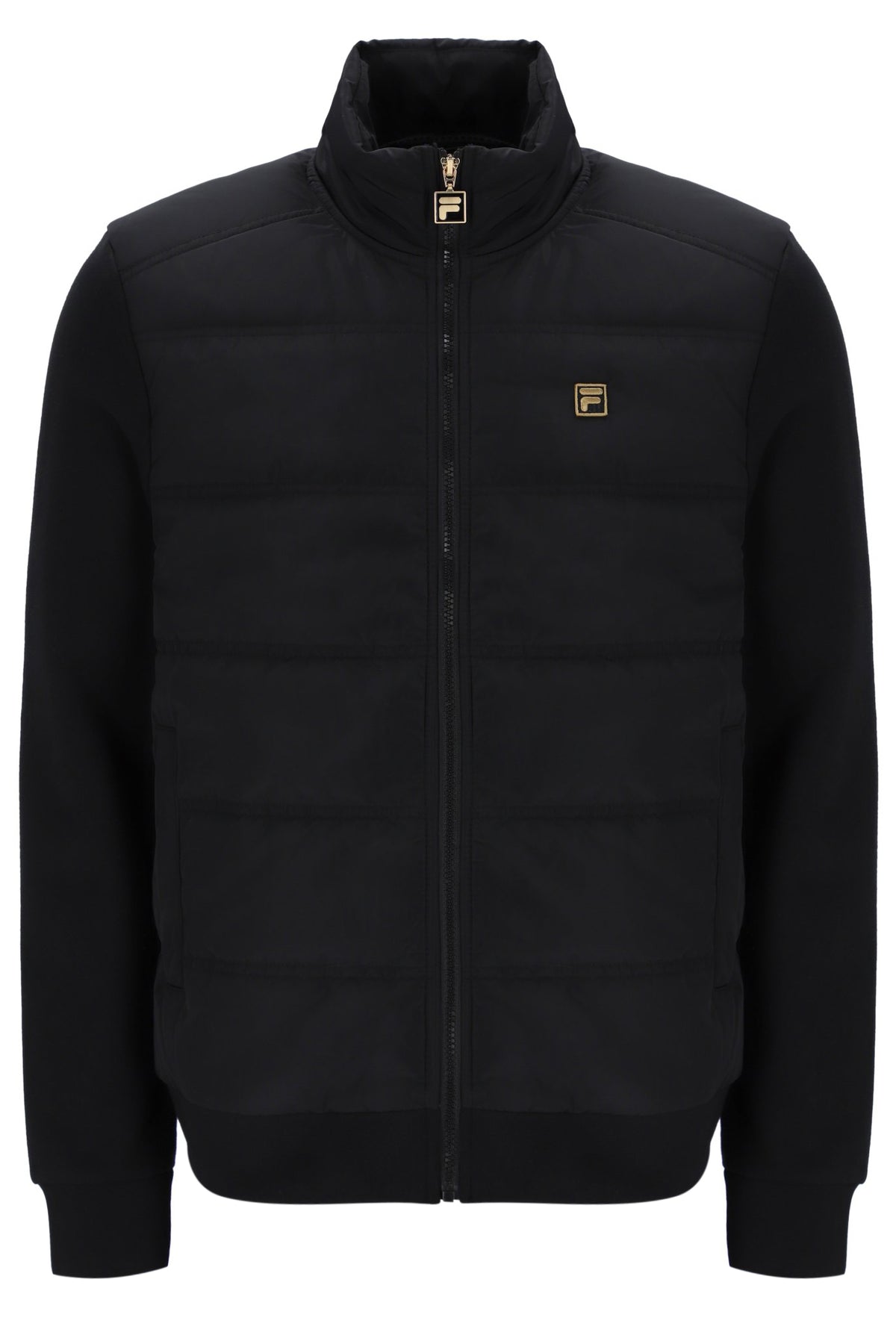 Black puffer jacket with a brand logo on a white background