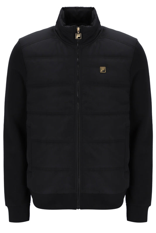Black puffer jacket with a brand logo on a white background