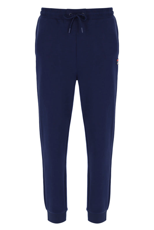 Navy blue sweatpants with a brand logo on a white background