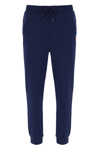 Navy blue sweatpants with a brand logo on a white background