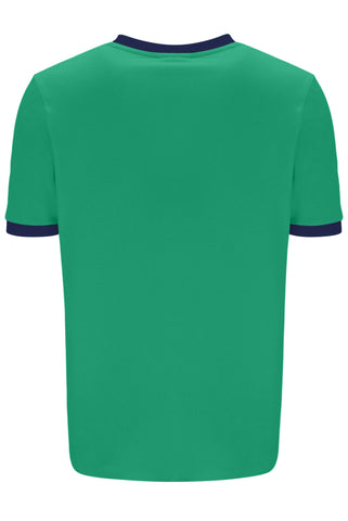 Green t-shirt with navy trim on a white background