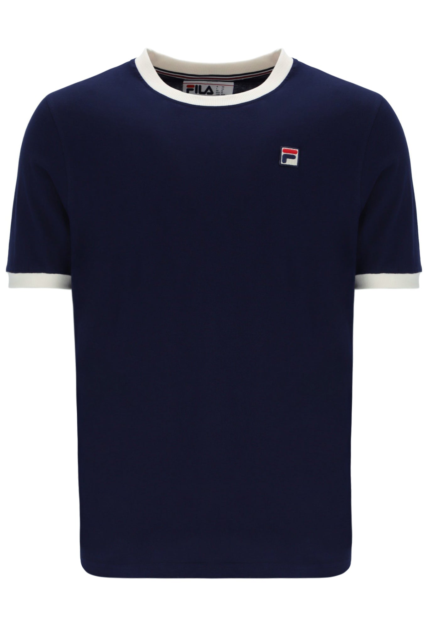 Navy blue t-shirt with white trim and FILA logo on a white background