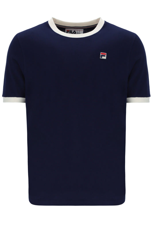 Navy blue t-shirt with white trim and FILA logo on a white background