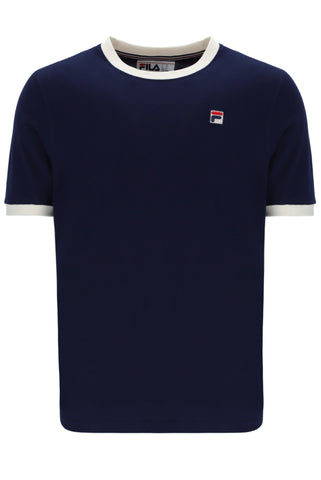 Navy blue t-shirt with white trim and FILA logo on a white background