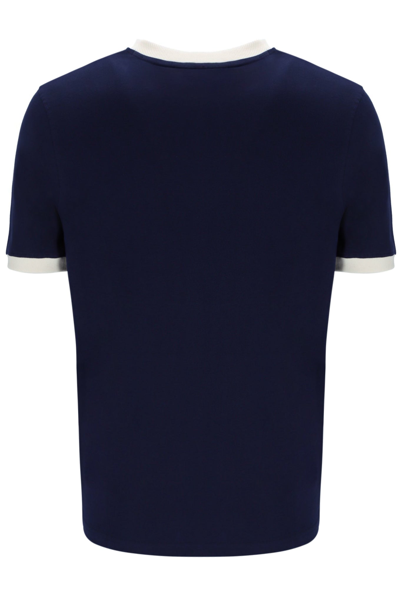 Navy blue t-shirt with white trim on a white background
