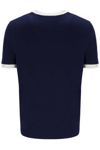 Navy blue t-shirt with white trim on a white background