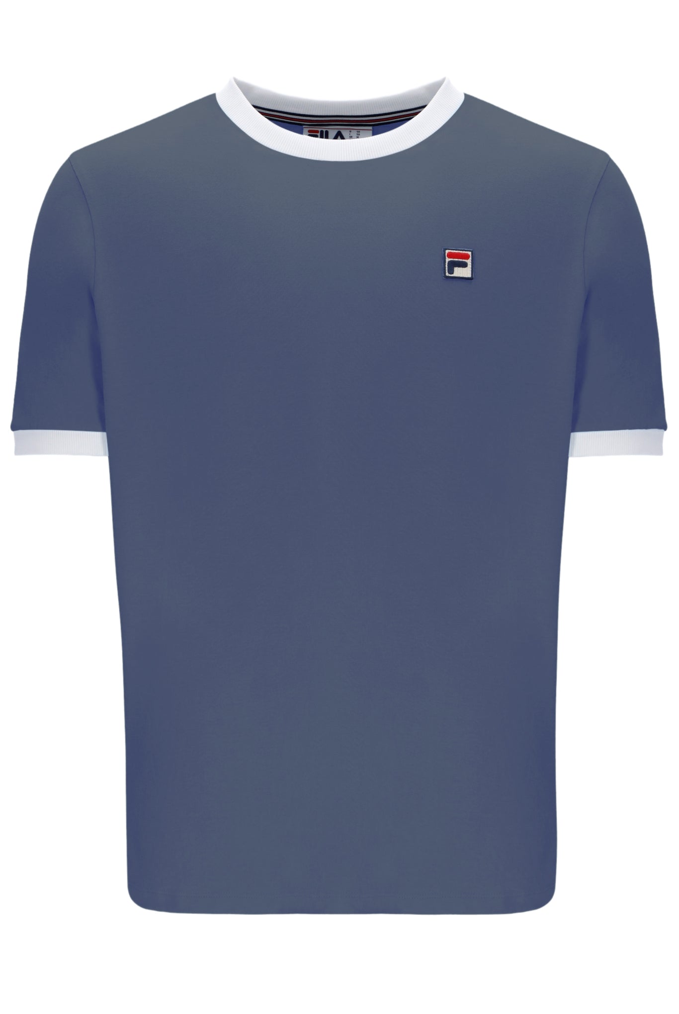 Blue t-shirt with white trim and a small logo on a white background