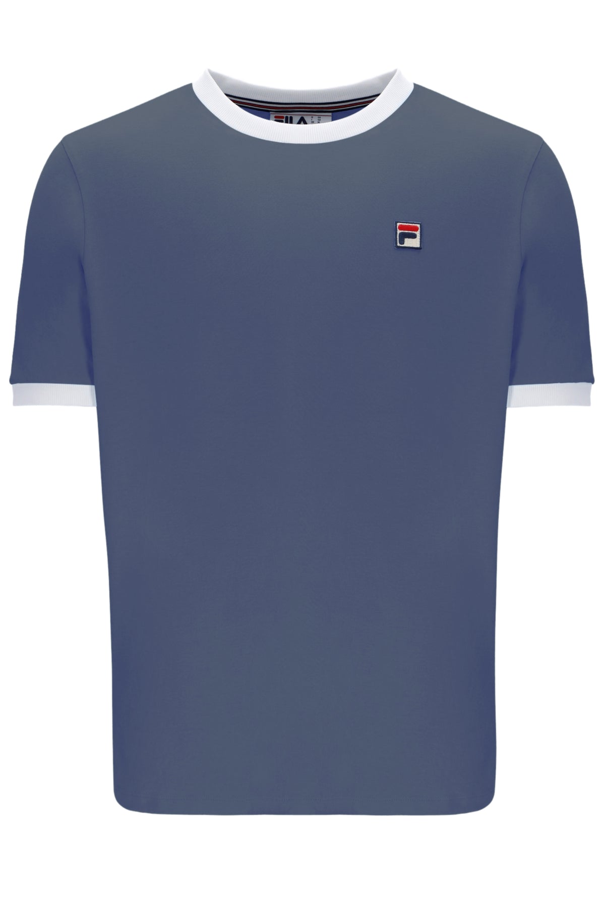 Blue t-shirt with white trim and a small logo on a white background