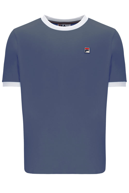 Blue t-shirt with white trim and a small logo on a white background