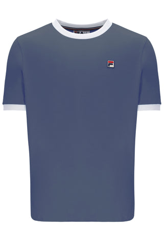 Blue t-shirt with white trim and a small logo on a white background