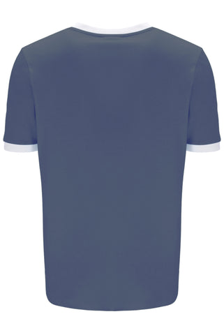 Blue t-shirt with white trim on a white background