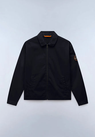 A black zip-up jacket with a pointed collar, displayed flat against a light gray background. It features a small orange logo patch on the left sleeve and a small orange accent inside the collar.