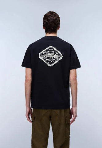 Person wearing a black t-shirt with a logo on the back against a light gray background