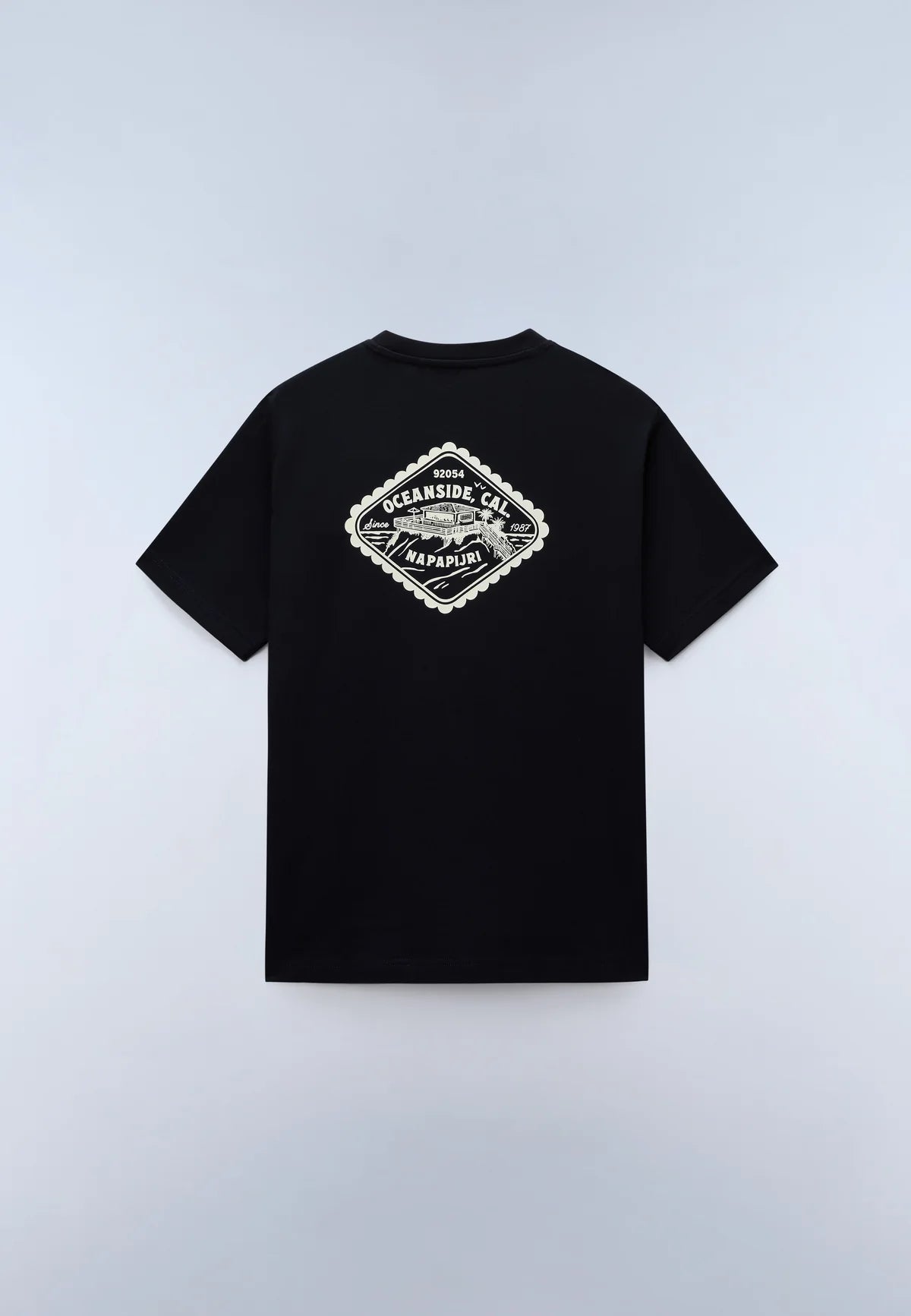 Black t-shirt with a white logo on the back against a light gray background
