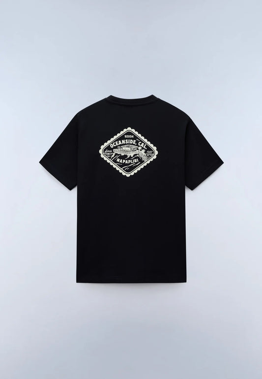Black t-shirt with a white logo on the back against a light gray background