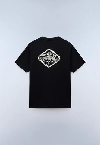 Black t-shirt with a white logo on the back against a light gray background