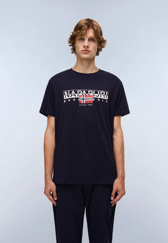 Person wearing a black t-shirt with a logo on a light gray background