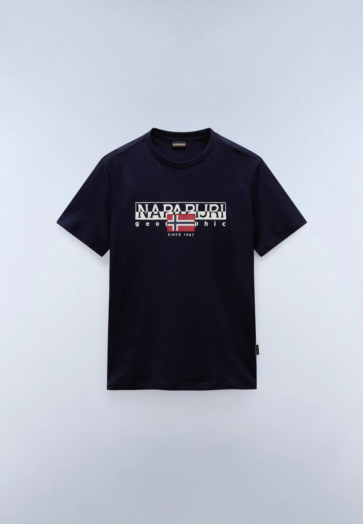 A navy blue short-sleeve t-shirt with a 'NAPADURI' graphic print on the chest, displayed flat against a light gray background.