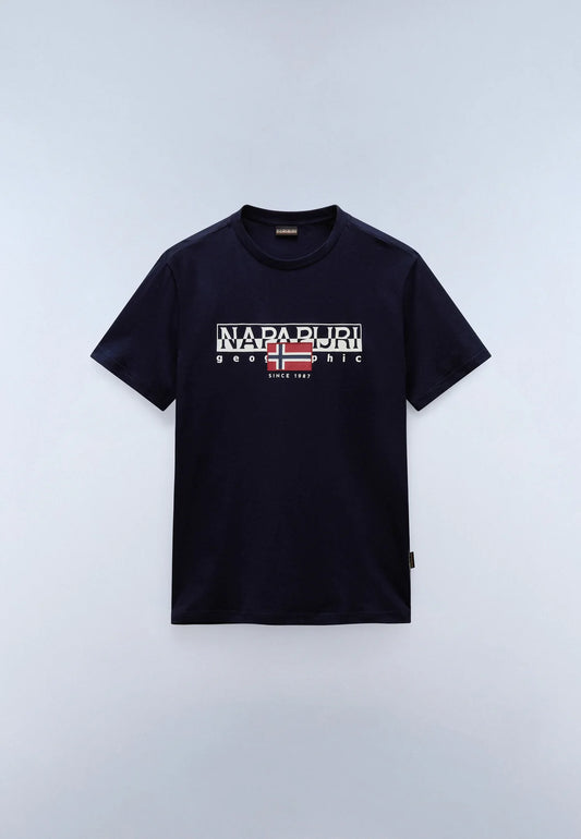 A navy blue short-sleeve t-shirt with a 'NAPADURI' graphic print on the chest, displayed flat against a light gray background.