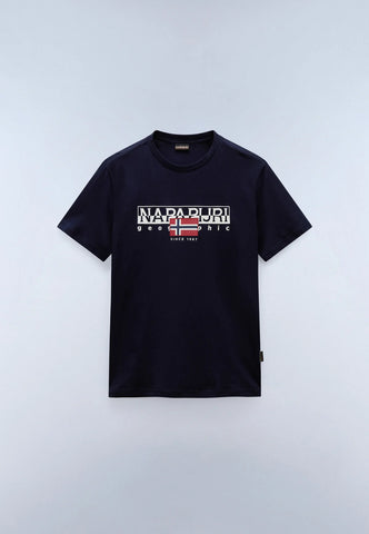 A navy blue short-sleeve t-shirt with a 'NAPADURI' graphic print on the chest, displayed flat against a light gray background.