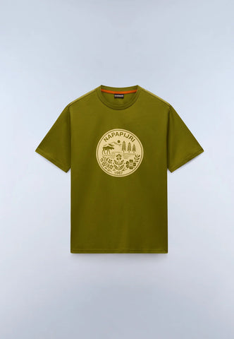 An olive green short-sleeve crewneck t-shirt by Napapijri, featuring a large circular tan logo printed on the center chest, displayed flat against a light gray background.