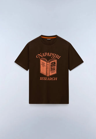 A dark brown short-sleeve t-shirt with a graphic print of an open book and the words 'NAPAPJIRI RESEARCH' in orange, displayed on a light gray background.