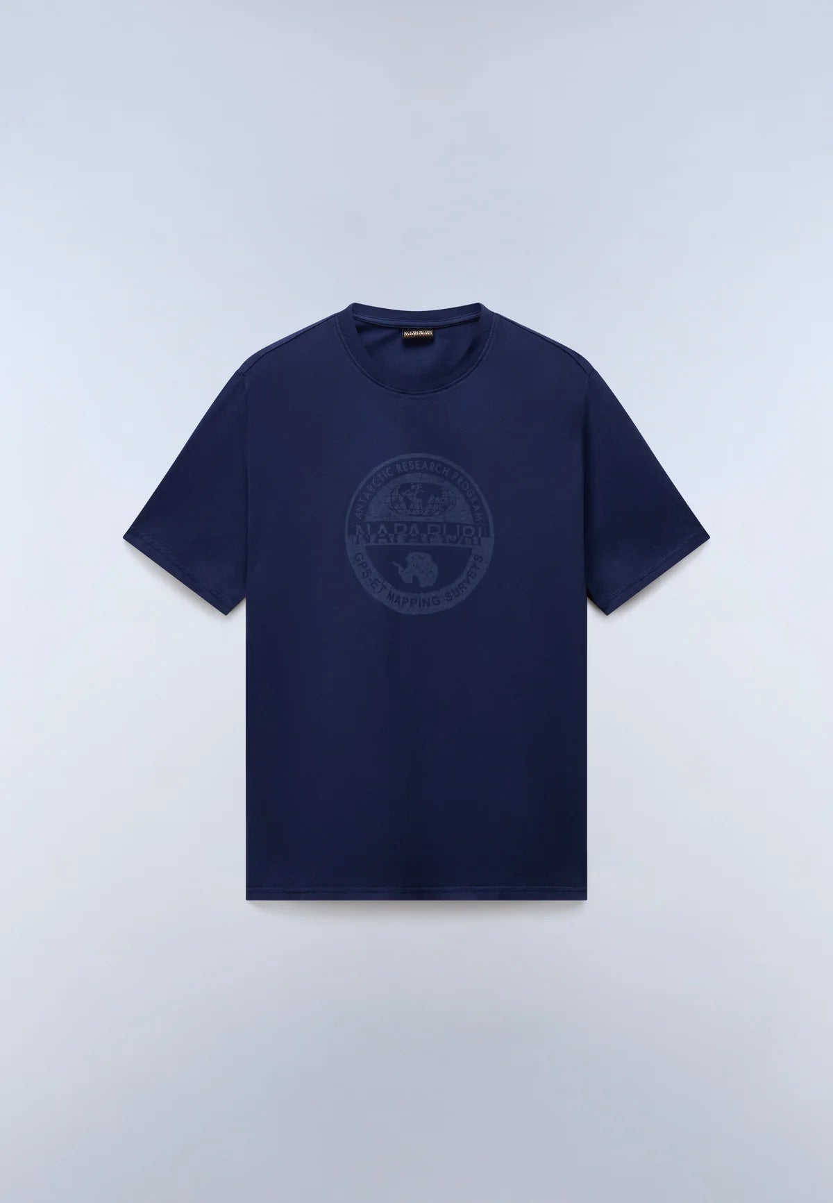 A navy blue short-sleeve crewneck t-shirt with a tonal dark gray circular logo on the chest, displayed flat against a light gray background.