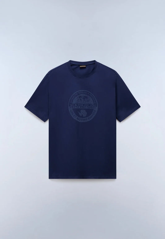A navy blue short-sleeve crewneck t-shirt with a tonal dark gray circular logo on the chest, displayed flat against a light gray background.