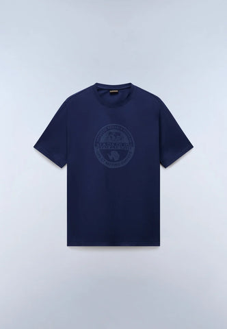 A navy blue short-sleeve crewneck t-shirt with a tonal dark gray circular logo on the chest, displayed flat against a light gray background.